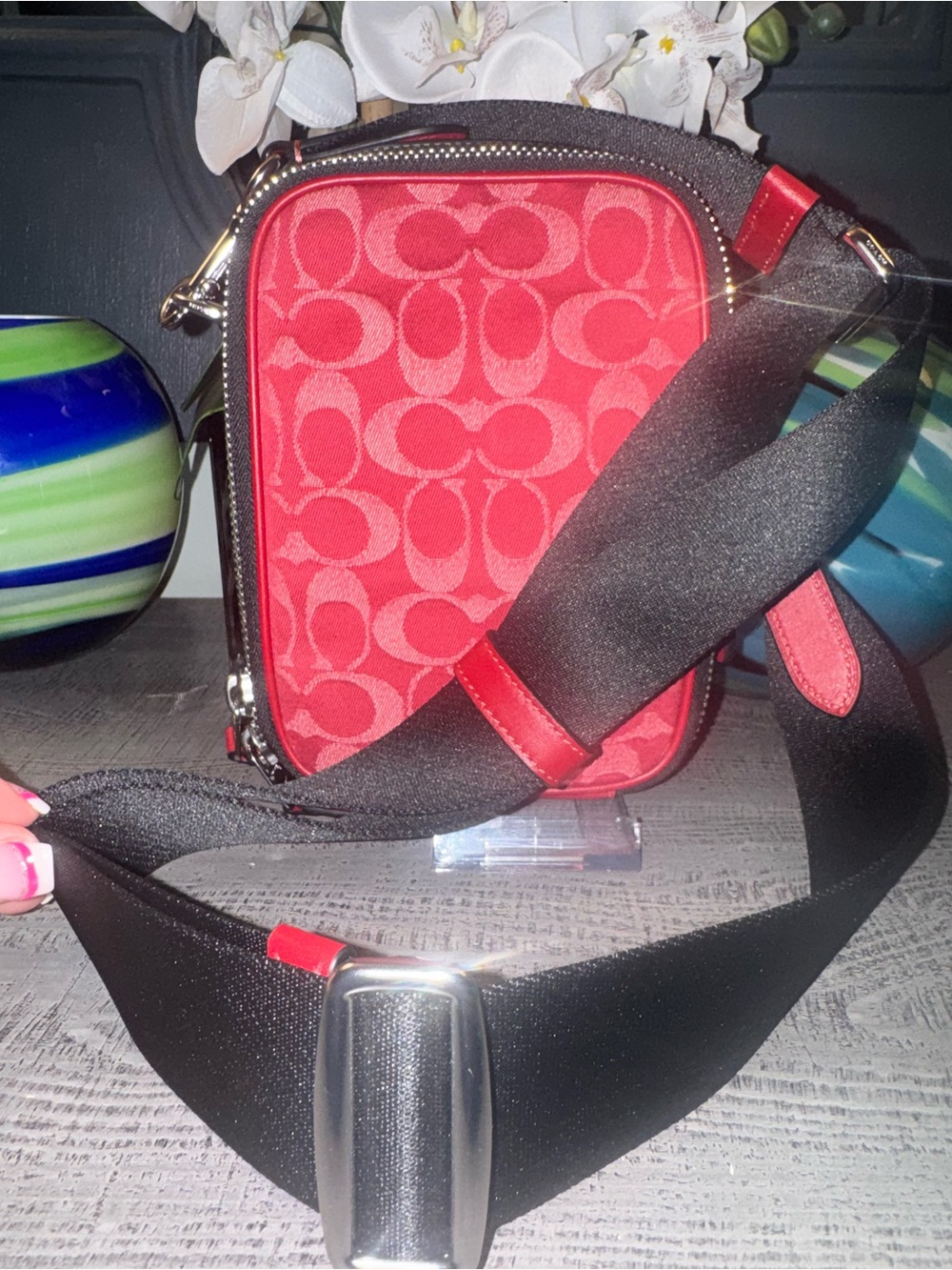 NWT Coach Red DENIM Signature Canvas Crossbody with Black Strap